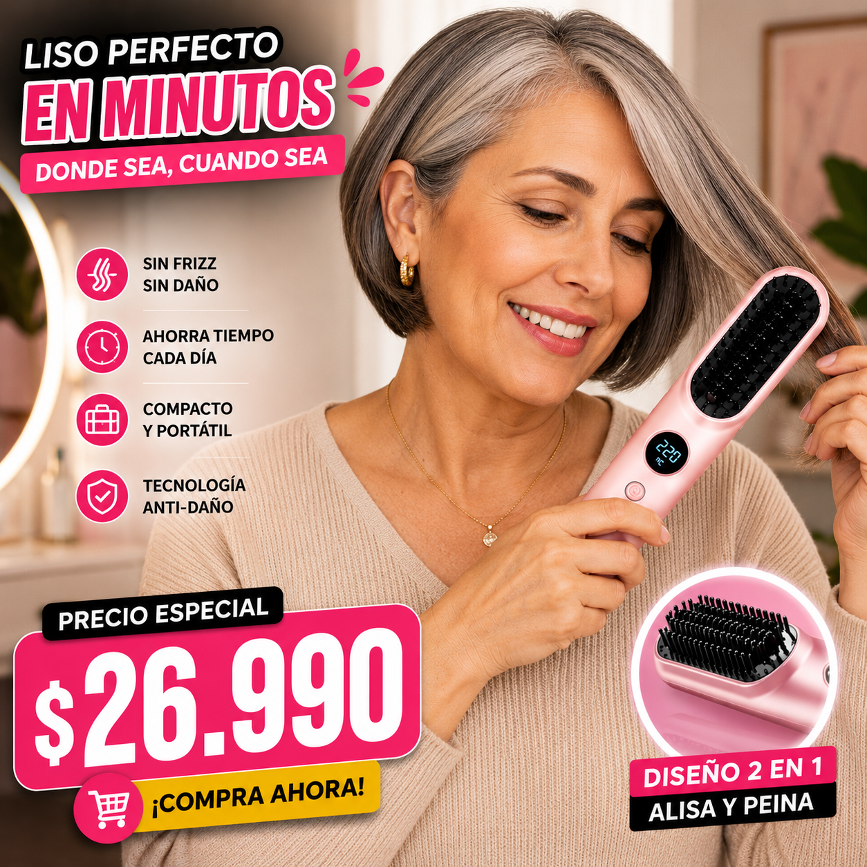 Cepillo Alisador Cabello Inalámbrico
