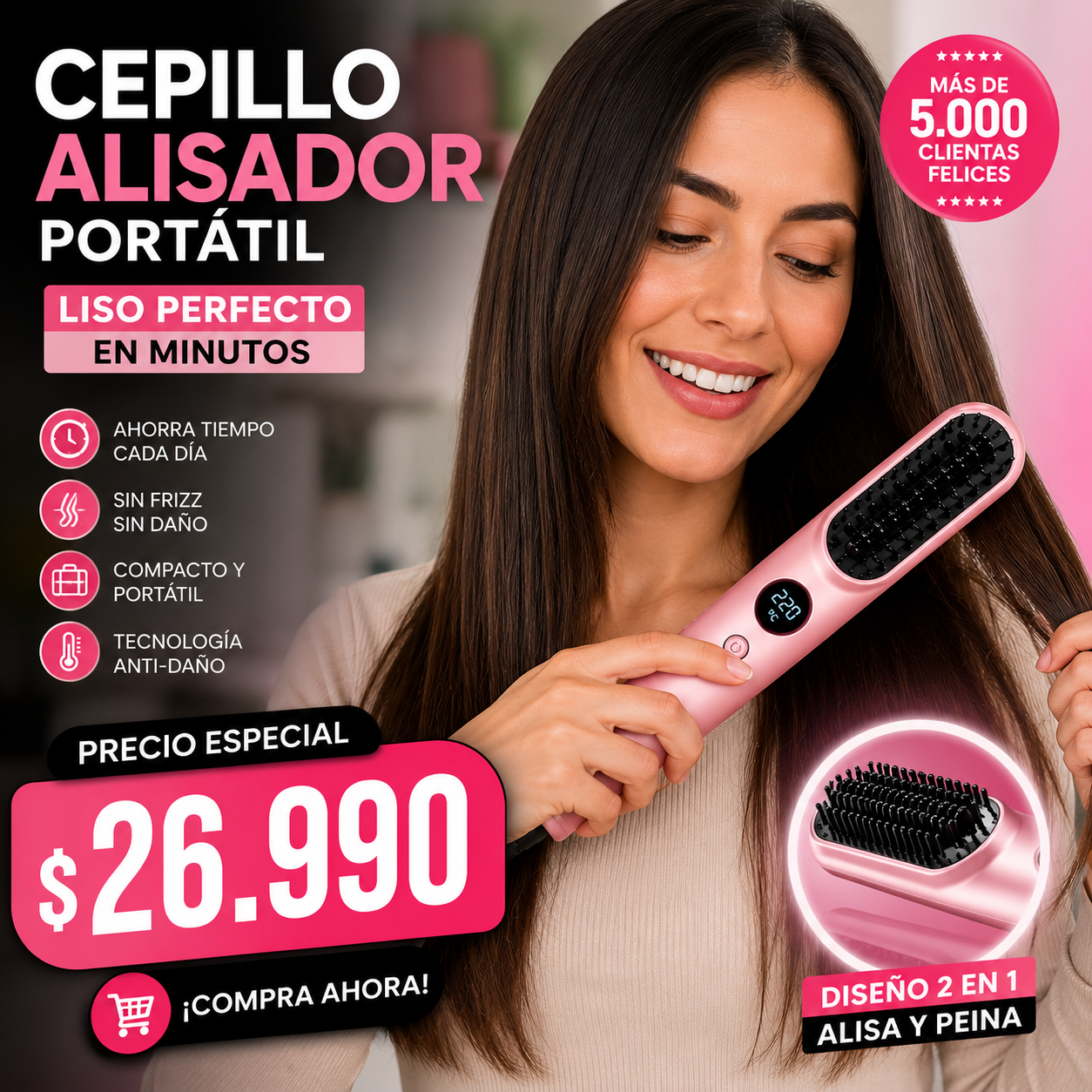 Cepillo Alisador Cabello Inalámbrico