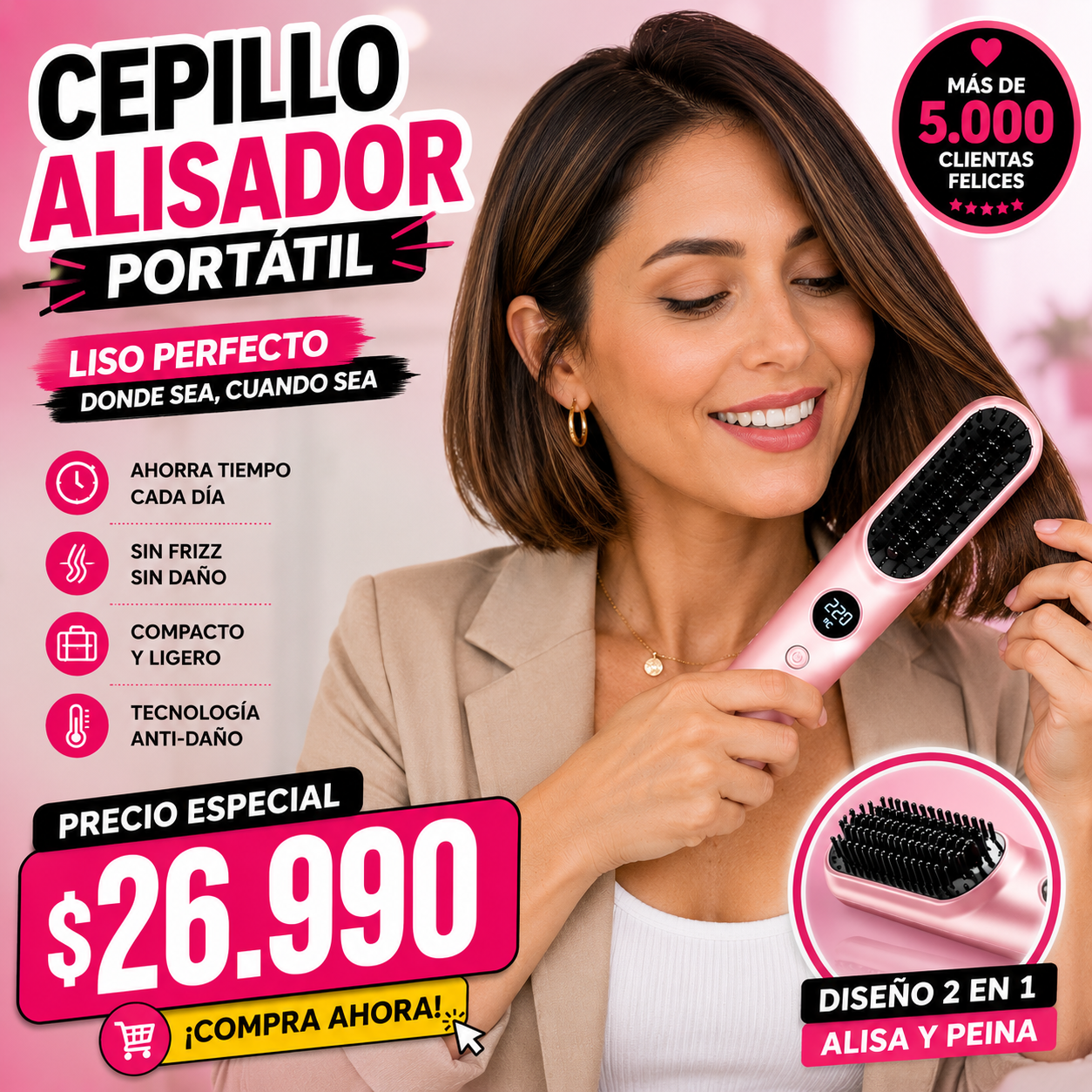Cepillo Alisador Cabello Inalámbrico